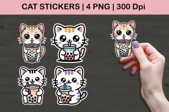 Adorable Cat Boba Sticker PNGs for Crafters