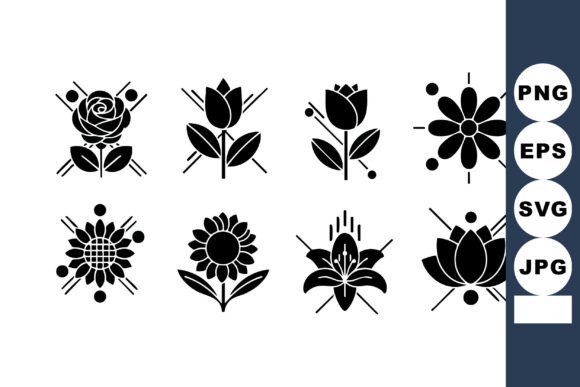 Elegant Black Silhouette Flower Icons for Design