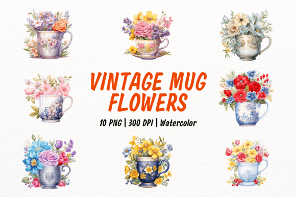 Elegant Vintage Flower Mug Clipart Bundle