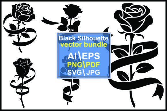 Elevate Your Designs with Elegant Rose Silhouettes and Swirling Ribbons
