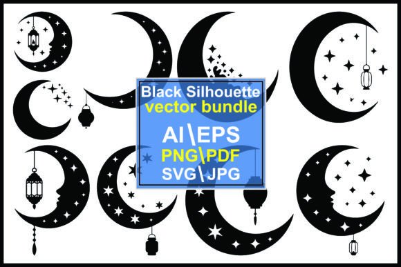 Silhouette Crescent Moons Stars Hanging: A Celestial Design Asset